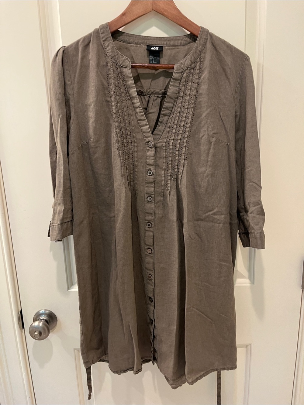 H&M Taupe Button-Front Pintuck cotton/linen Tunic